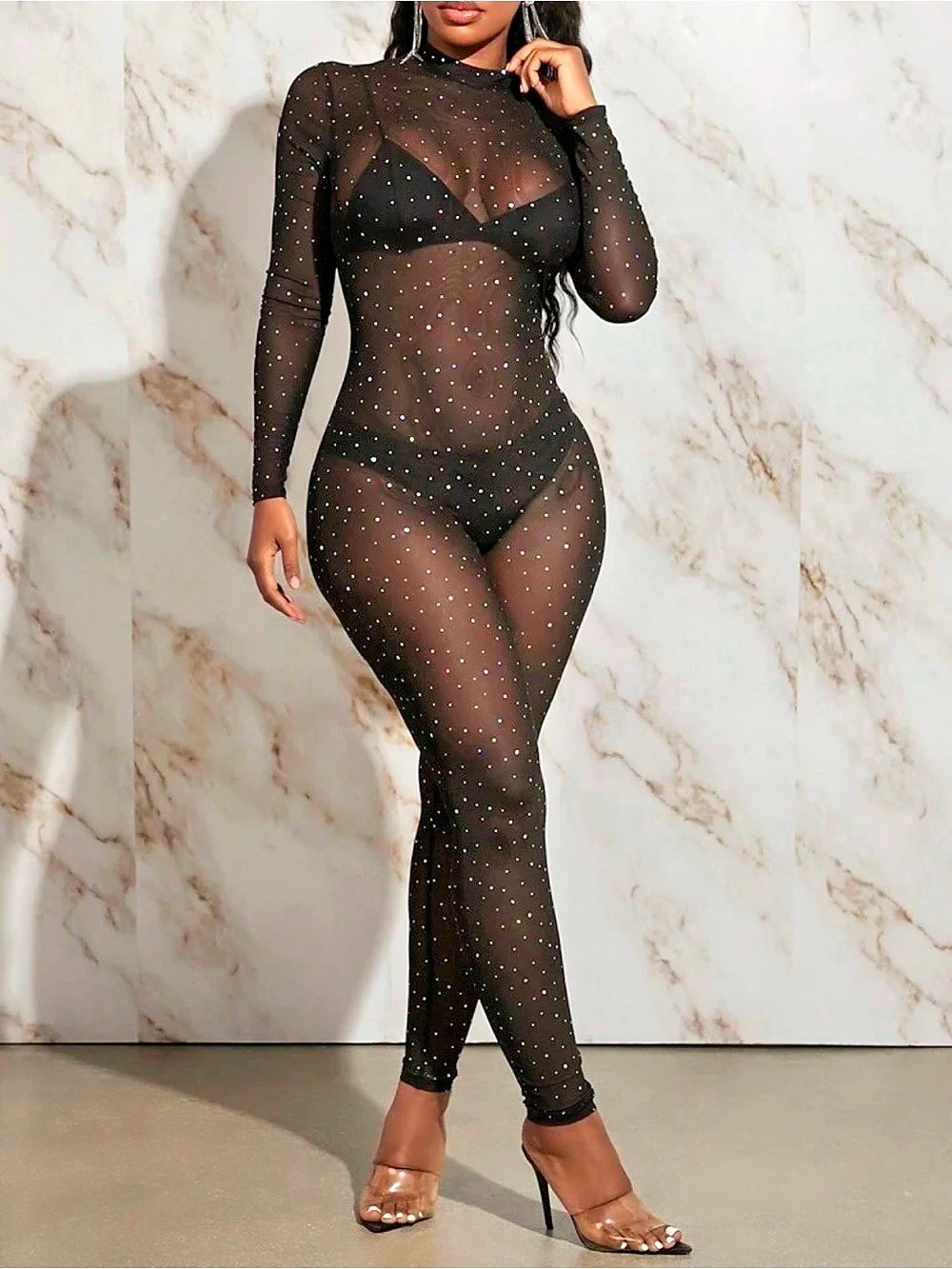 Sheer Mock Neck Glitter Mesh Jumpsuit - Black